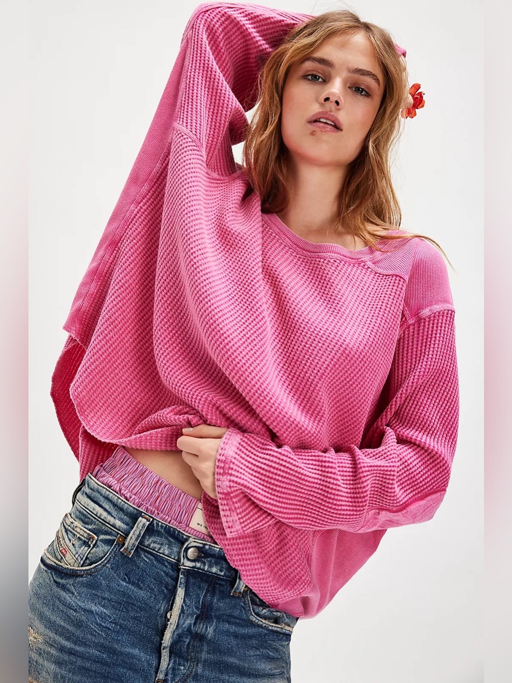 Free People One Blake Thermal Women's Pink Phenom Waffle-Knit Long Sleeve Top